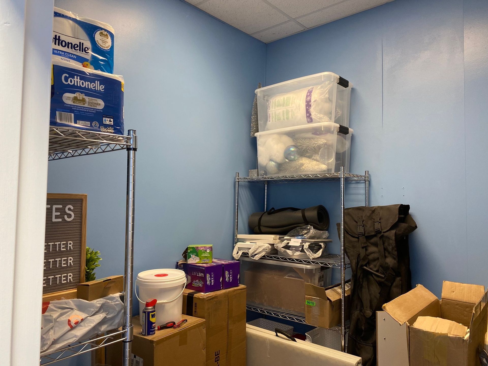 A small storage room with blue walls, featuring two metal wire shelves holding plastic bins, boxes, and miscellaneous items.