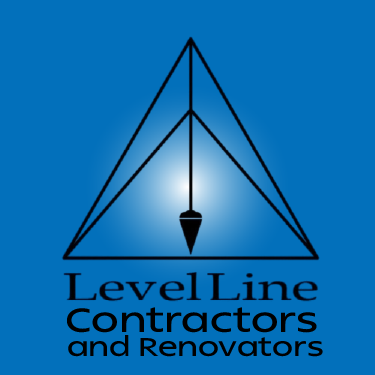 Logo for Level Line Contractors and Renovators with a black plumb bob icon inside a triangle on a solid blue background.
