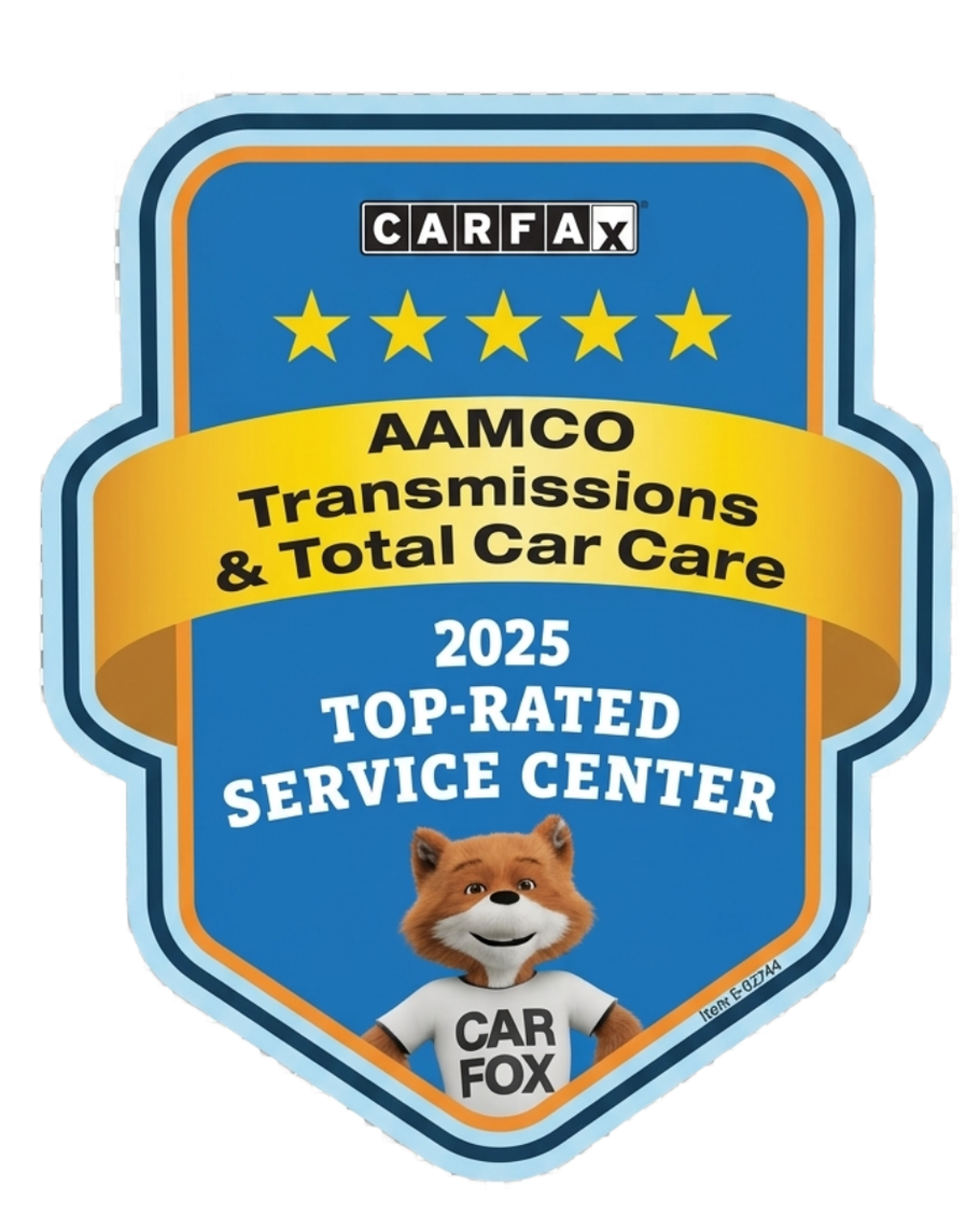 CARFAX badge for AAMCO Transmissions & Total Car Care, 2025 Top-Rated Service Center, with Car Fox mascot
