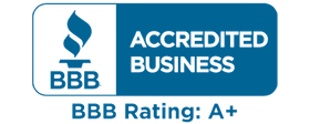 BBB Accredited Business logo, blue and white, with an A+ rating.
