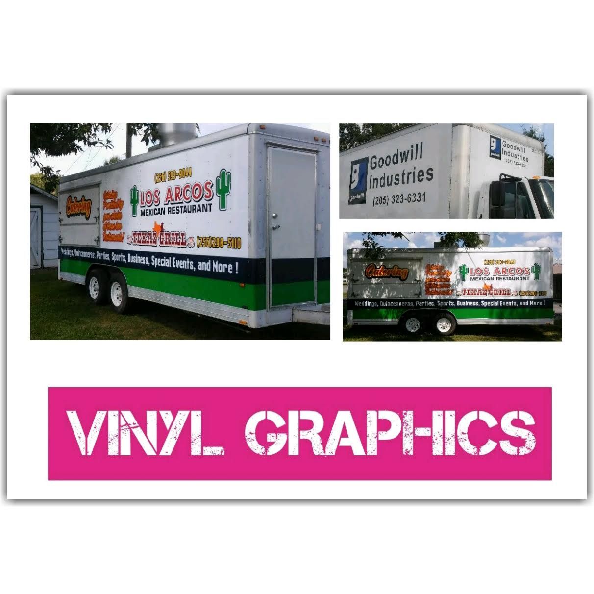 A collage of pictures of a food truck that says vinyl graphics