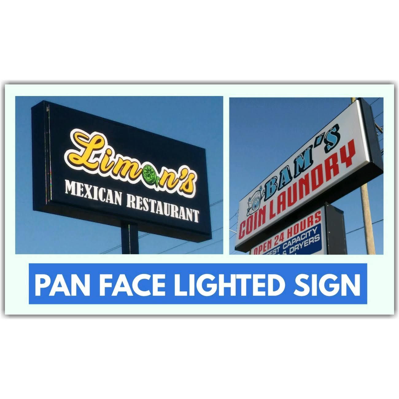 A pan face lighted sign for a mexican restaurant and a coin laundry