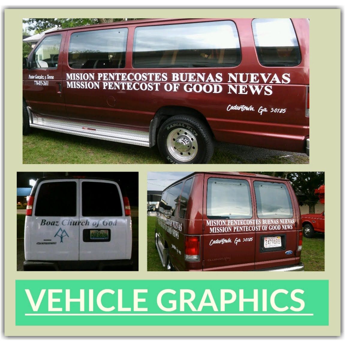 A red van says mission pentecostes buenas nuevas mission pentecost of good news