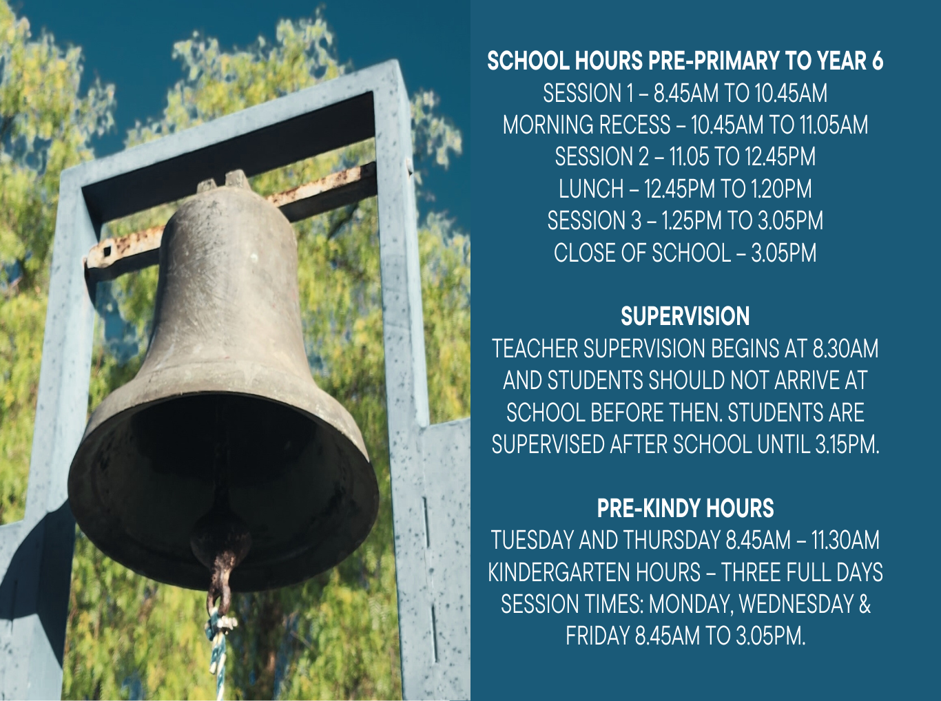 A bell with the words school hours pre-primary to year 6 on it