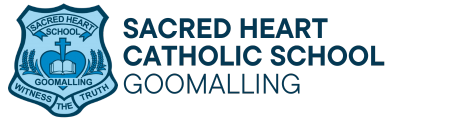 The logo for sacred heart school goomalling is a blue shield with a cross on it.