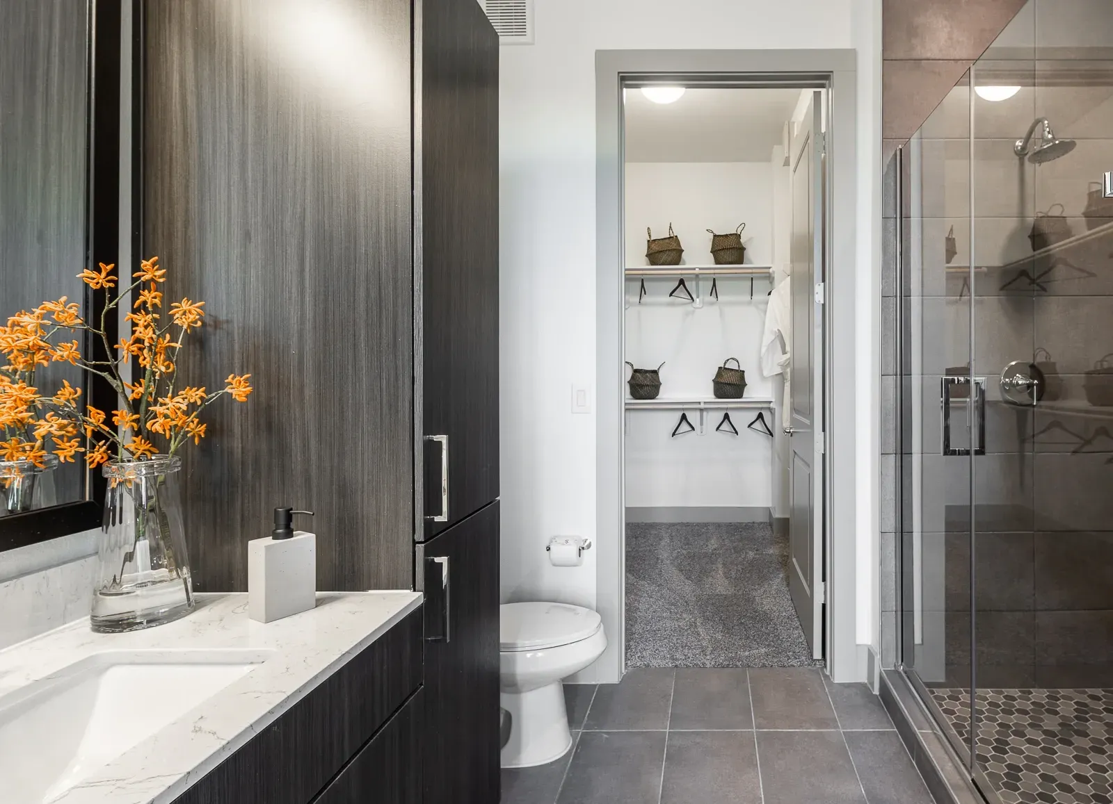 Modern bathroom with vanity, toilet, walk-in closet, and glass-enclosed shower.