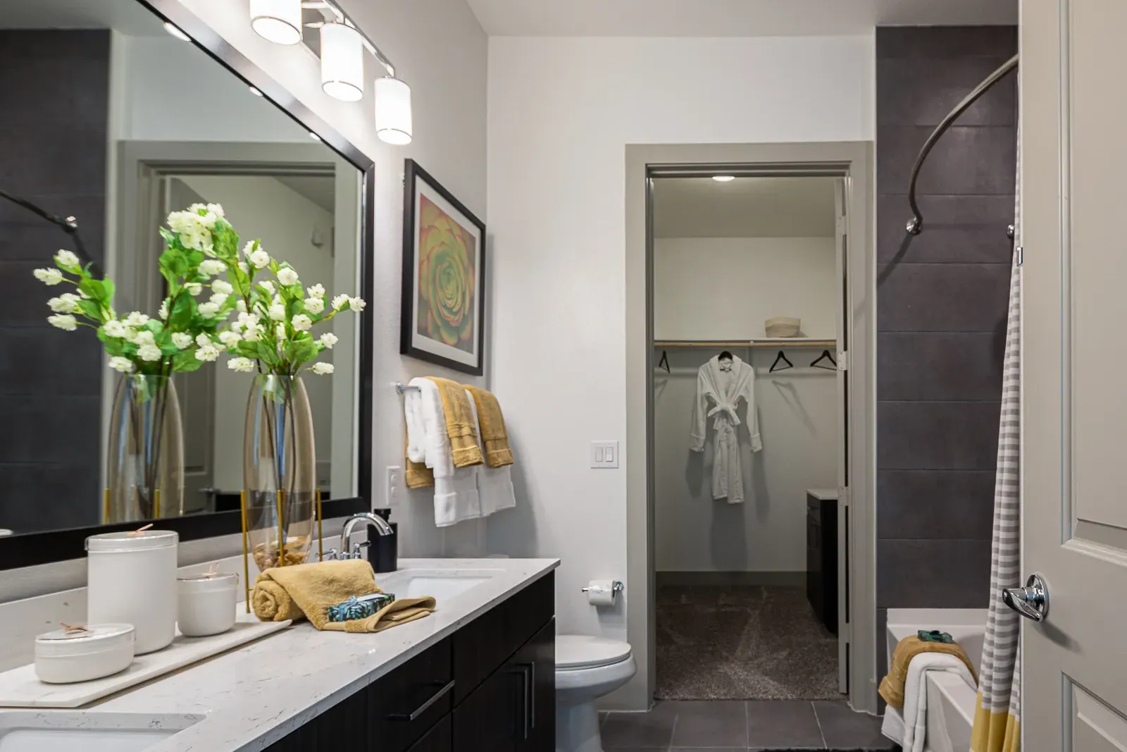 Modern bathroom vanity with dual sinks, large mirror, and walk-in closet.