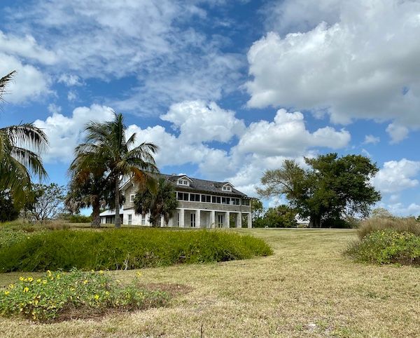 A large white house is sitting in the middle of a grassy field surrounded by palm trees.