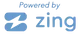 A blue and white logo that says powered by zing