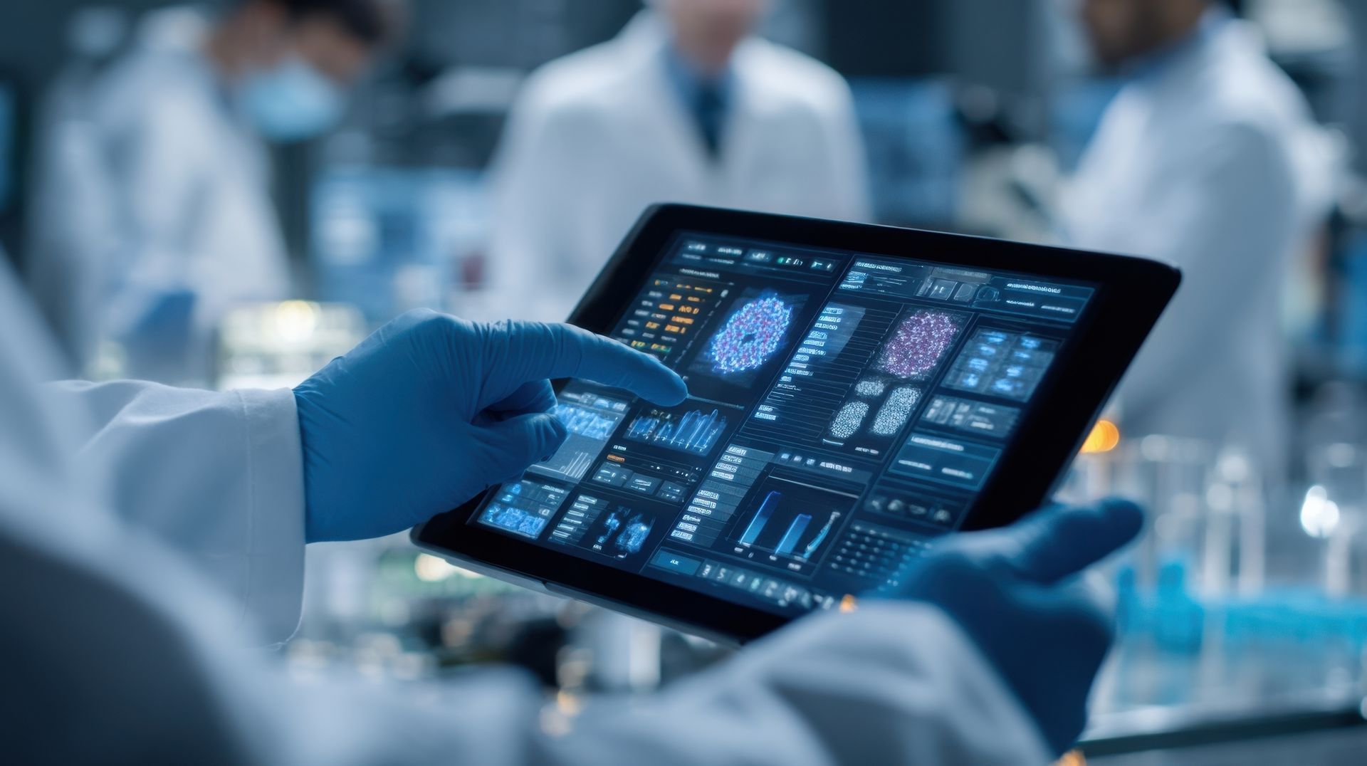 Gloved hands hold a tablet showing medical data in a lab with blurred researchers in the background