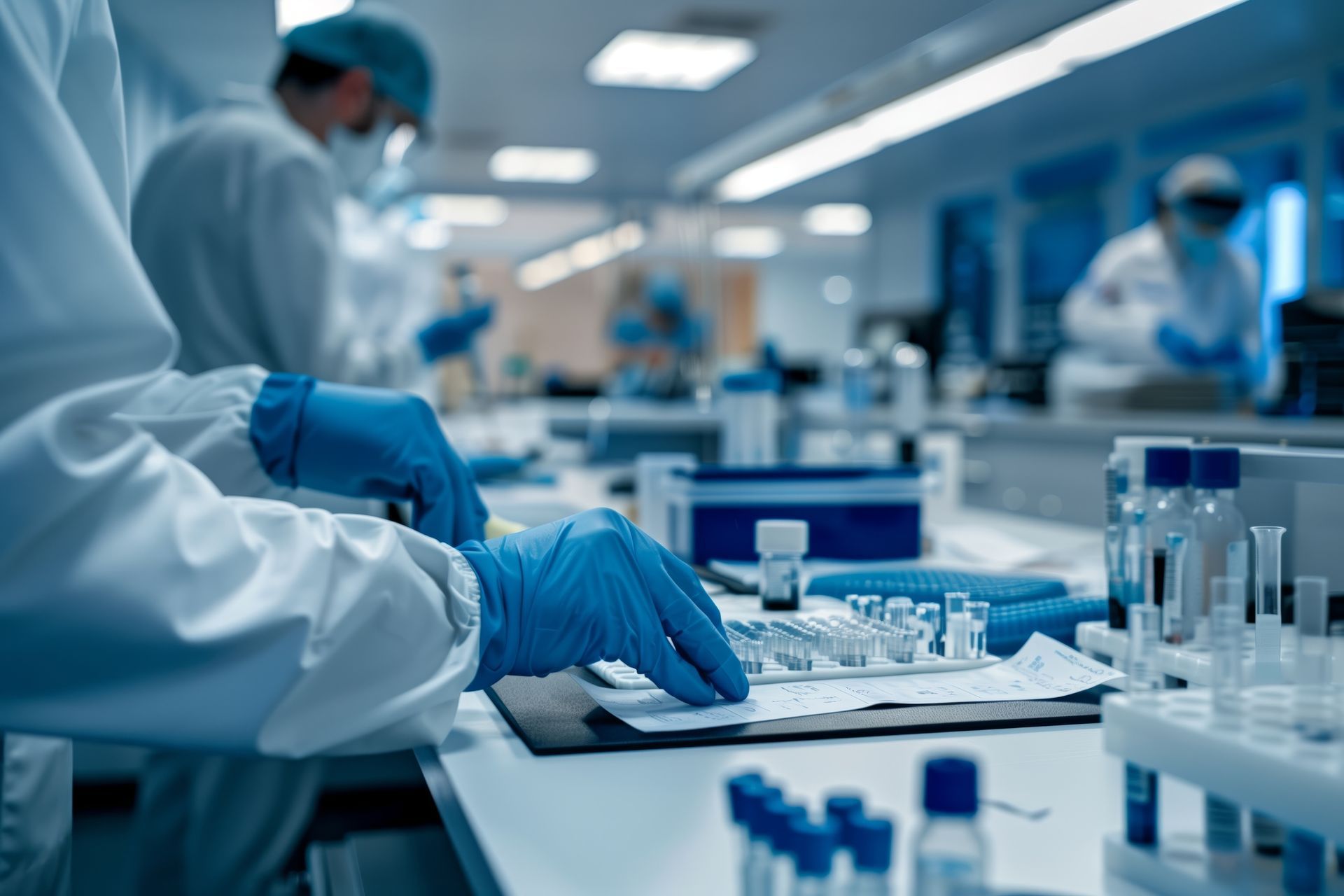 Lab technicians in blue gloves working with samples in a bright laboratory
