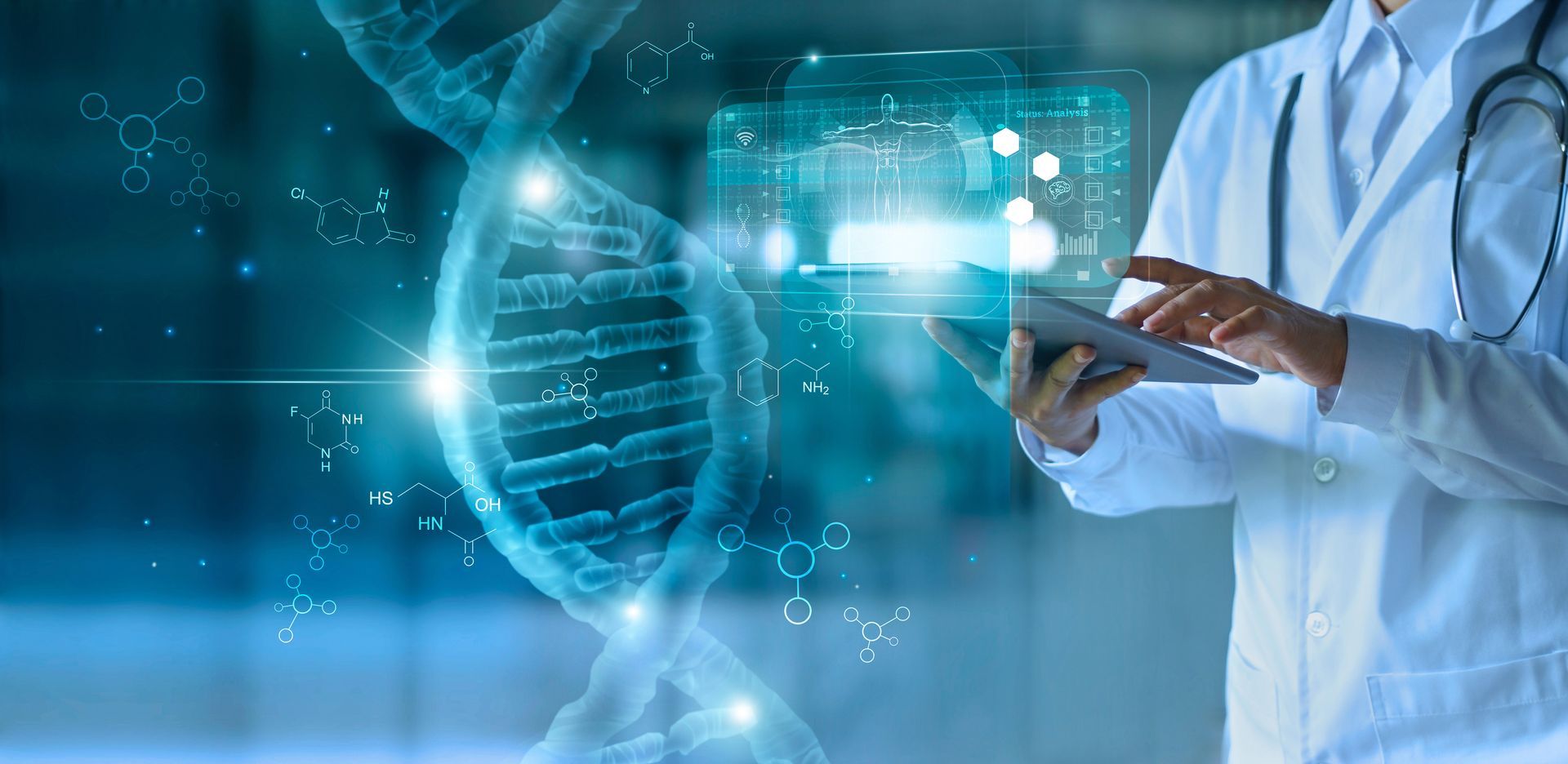 Scientist holding a tablet beside a glowing digital DNA helix in a blue lab interface