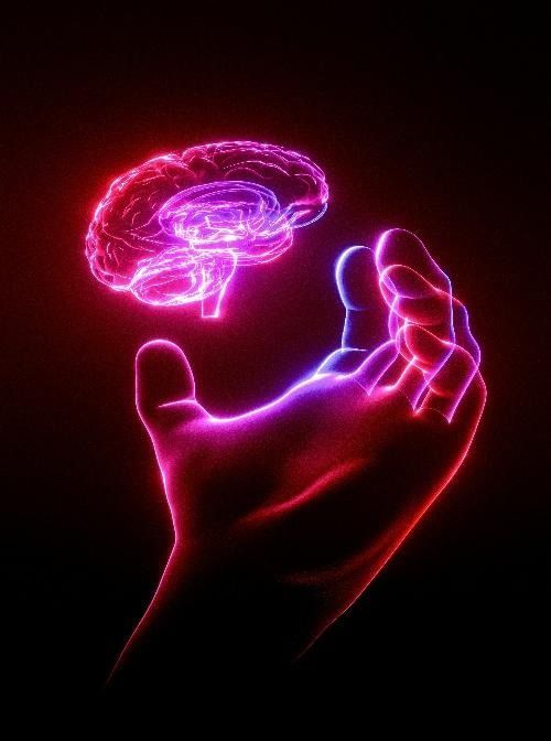 Glowing neon hand reaching up toward a floating, brain-shaped structure, set against a dark background.
