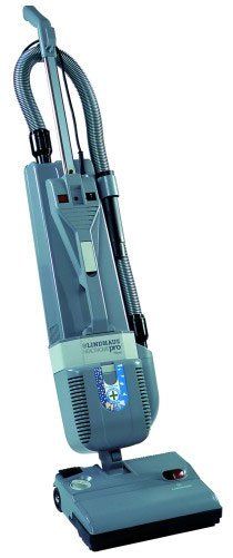 Blue upright vacuum cleaner with a curved handle.