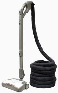 Gray vacuum cleaner with a coiled black hose.