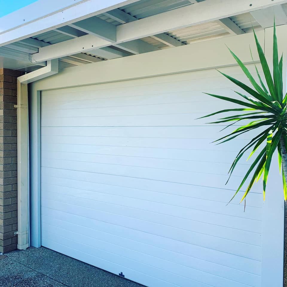 A white garage door with a palm tree in front of it.