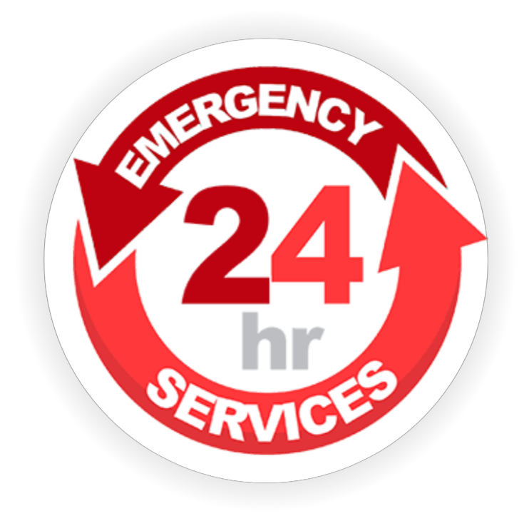 A sticker that says emergency 24 hr services