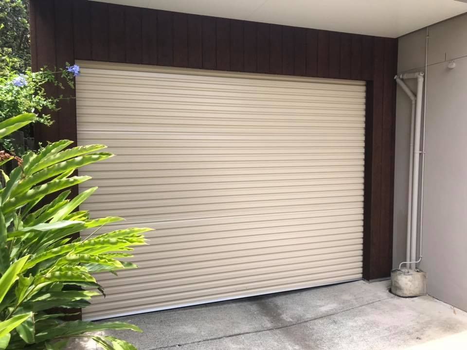 A white garage door is sitting next to a plant.