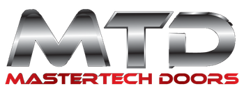 The logo for mtd mastertech doors is silver and red.