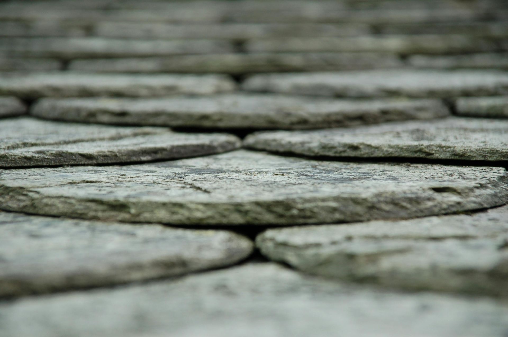 Close-up of a weathered stone roof with overlapping gray slate tiles.