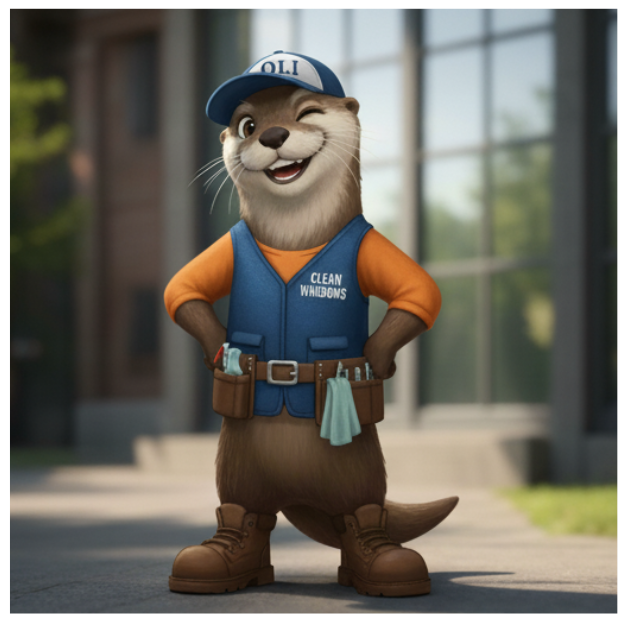 Otter in work clothes winks. Holds hands on hips, standing outside. Blue vest says 