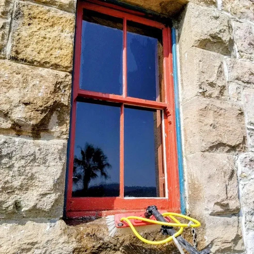 Red-framed window in a stone wall reflects a palm tree. Window cleaning equipment rests on the sill.