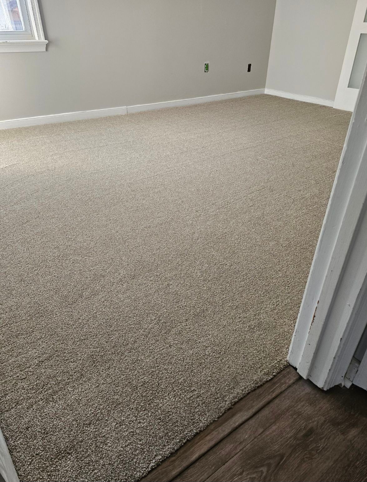 Beige carpet in a room with gray walls and a wooden door frame.