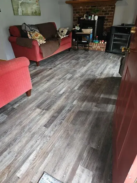 Living room with wood-look flooring, red sofa and armchair, fireplace.
