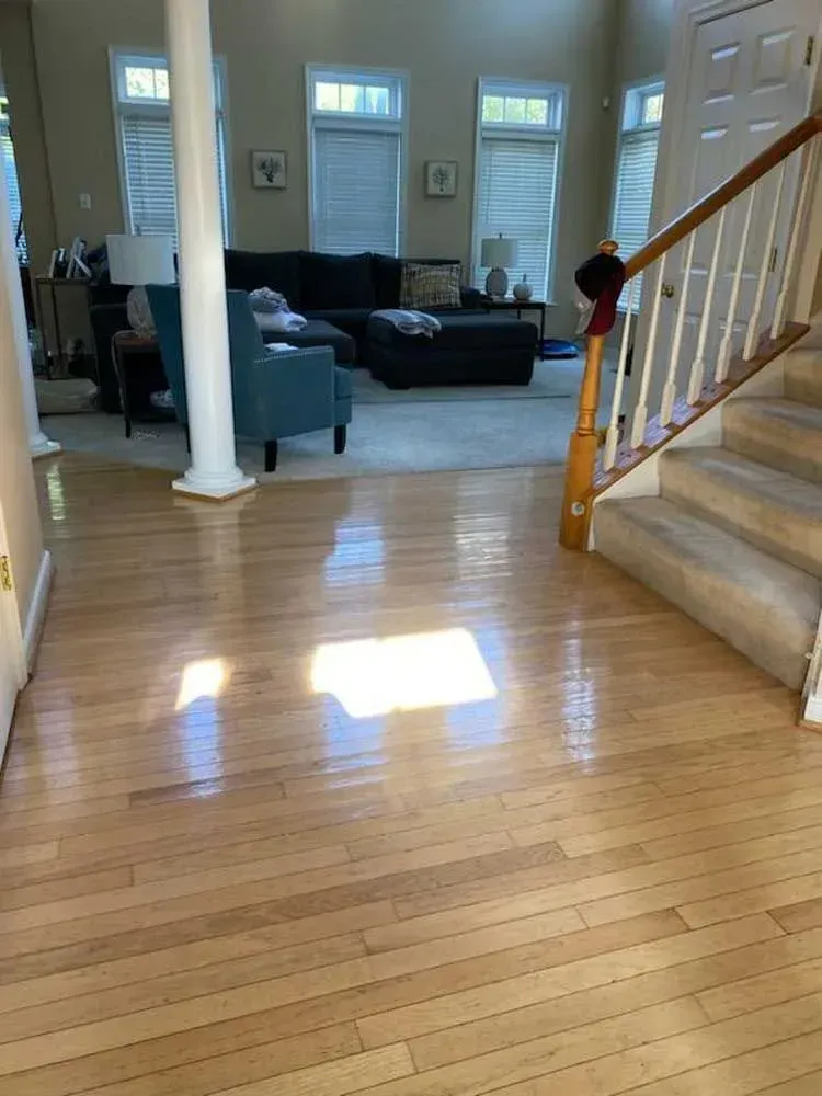 Hardwood floor in a house entryway, leading to a living room with furniture and stairs. Bright sunlight shines on the floor.