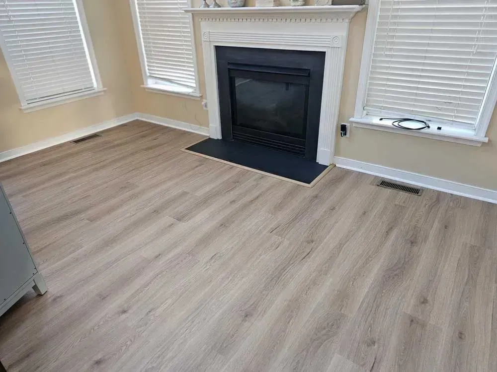 Living room with light-colored wood flooring, fireplace, and two windows with blinds.
