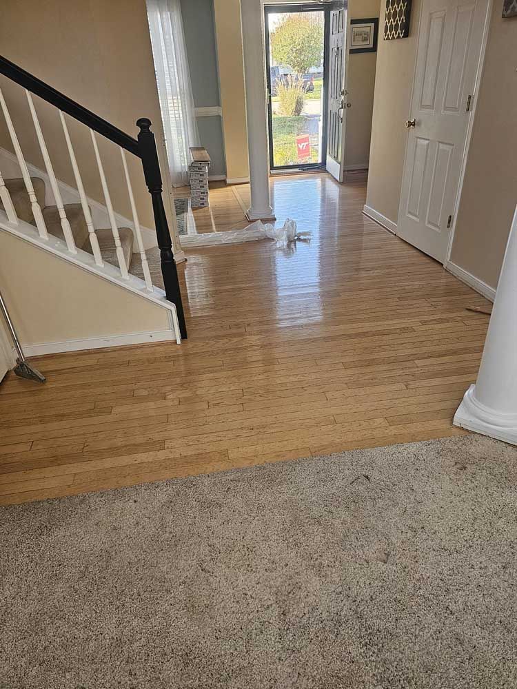 Hardwood floor in entryway, carpeted area, stairs with black railing, front door.