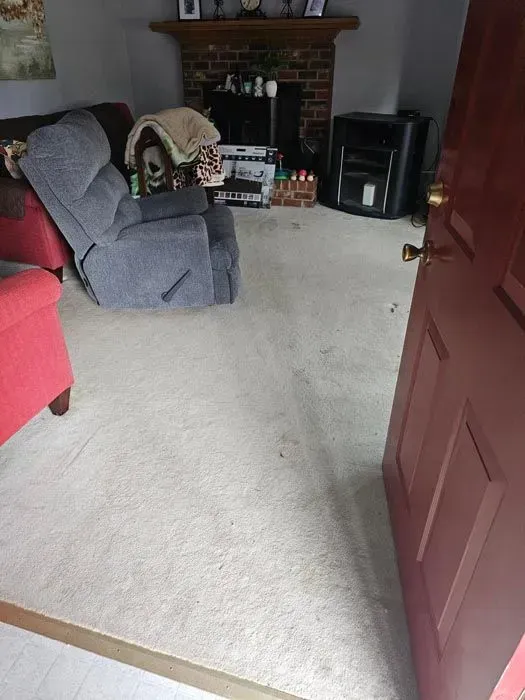 A living room with a recliner, red chair, fireplace, and carpet. The door is open.