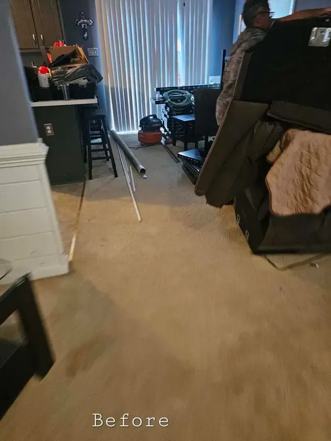 Living room with beige carpet, bar with black stools, person moving furniture.