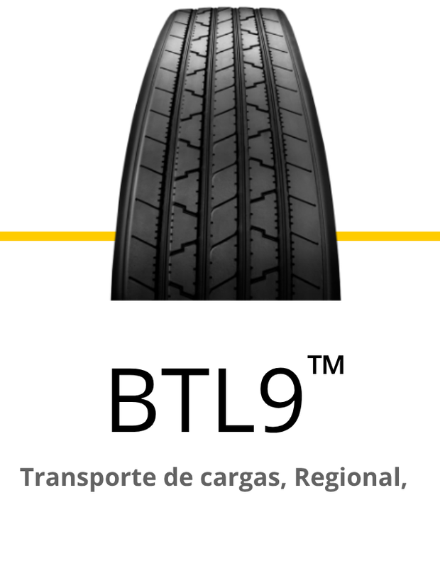 Pneu de caminhão BTL9 com desenho da banda de rodagem. Abaixo, lê-se: 
