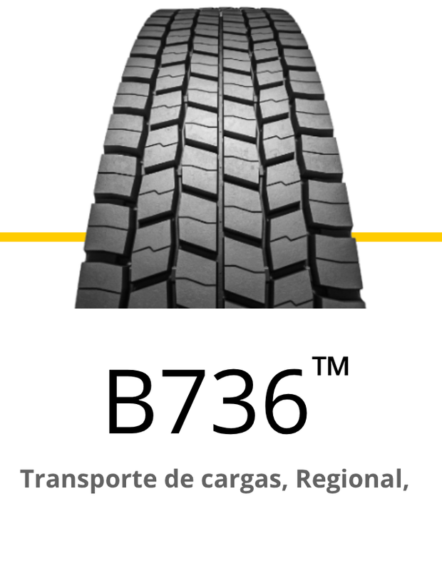 Pneu de caminhão B736 com desenho da banda de rodagem. O texto abaixo diz 