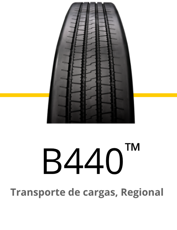 Detalhe da banda de rodagem de um pneu B440. Abaixo, a inscrição 
