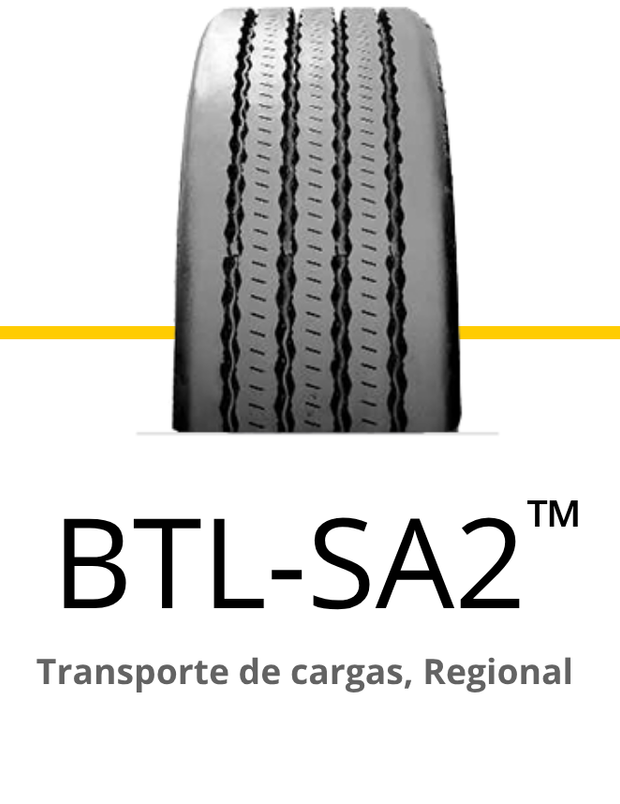 Pneu para caminhão BTL-SA2 com padrão de piso vertical. Abaixo, a inscrição 