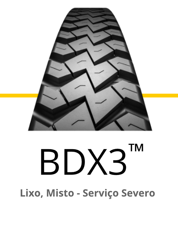 Detalhe da banda de rodagem de um pneu de caminhão com o texto 