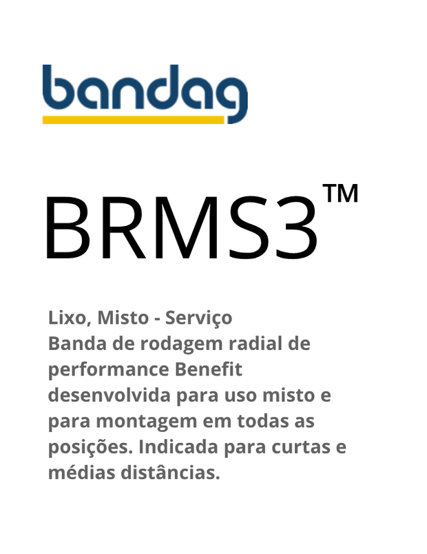Logotipo e descrição do pneu Bandag BRMS3. Texto preto sobre fundo branco. Logotipo azul e amarelo.