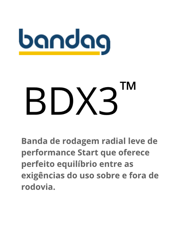 Etiqueta do pneu Bandag BDR-AS2. O texto descreve um pneu para transporte de carga regional com desempenho premium 