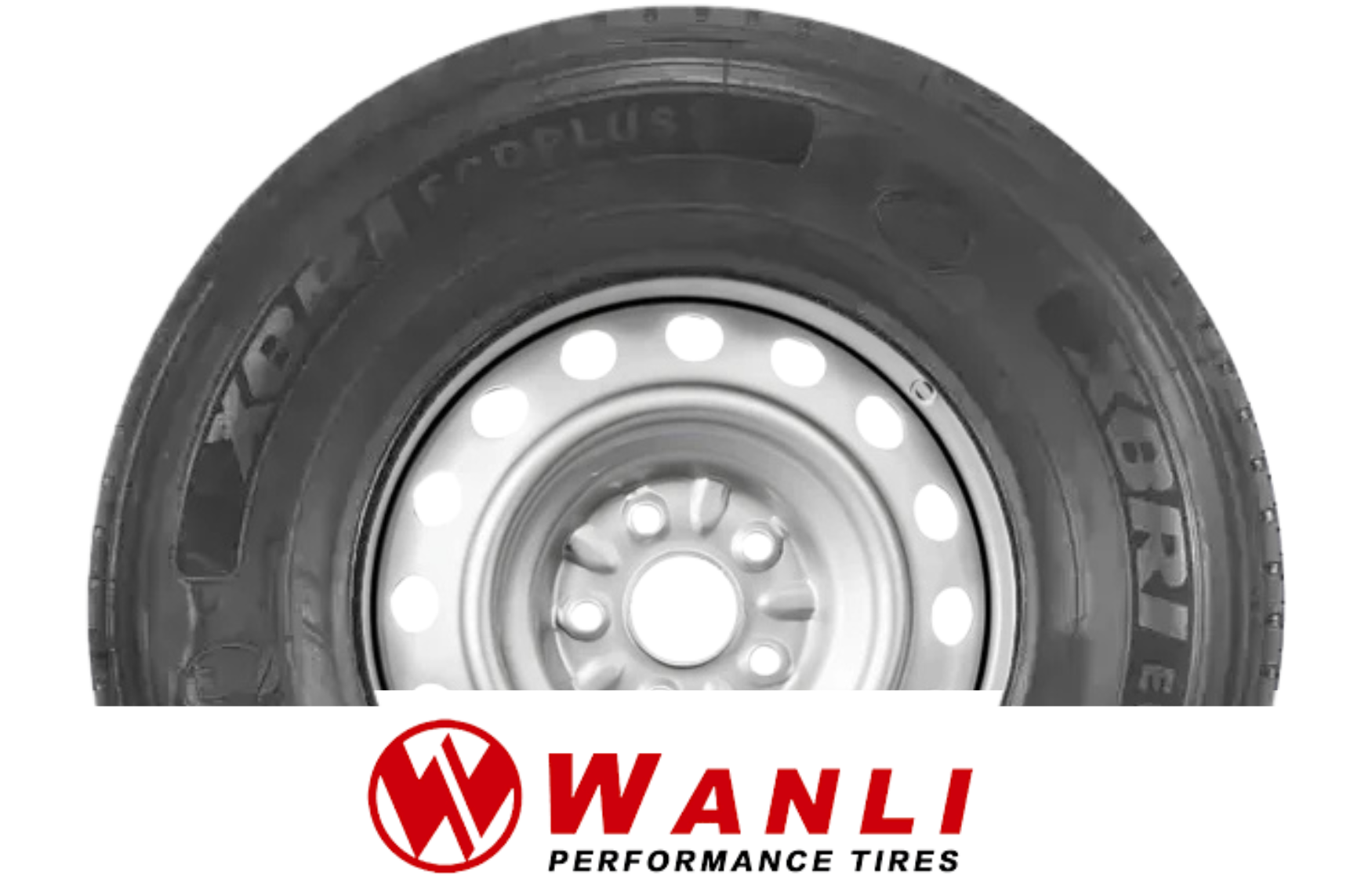 Pneu preto em aro prateado, com o logotipo da WANLI Performance Tires na parte inferior.