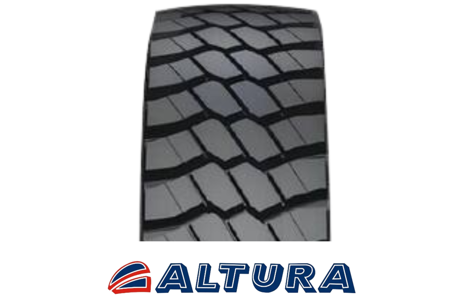 Banda de rodagem do pneu com blocos grandes e irregulares; logotipo