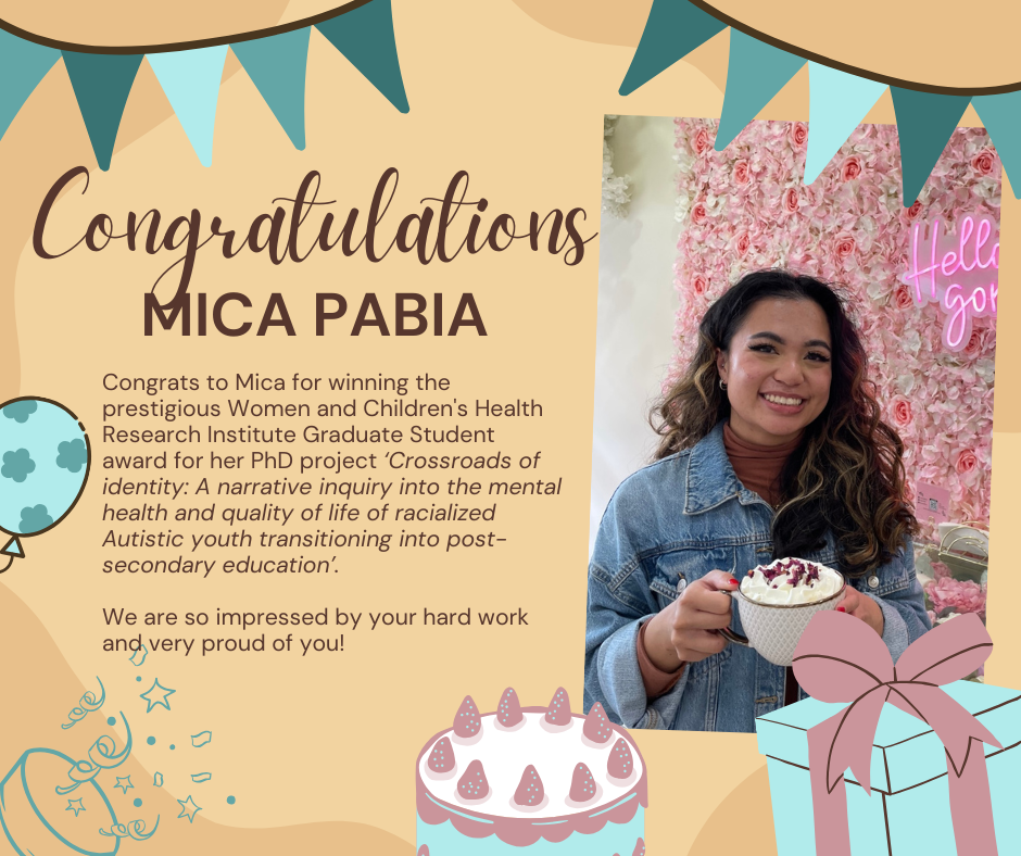 Congratulations to mica pabia for winning the prestigious women and children 's health research institute graduate student award.