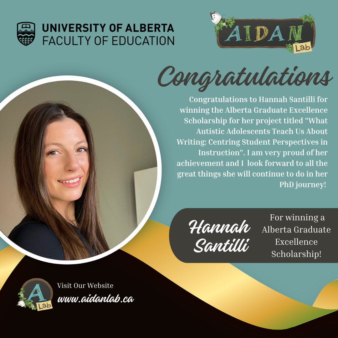 Congratulations to Hannah Santilli for winning the Alberta Graduate Excellence Scholarship for her project titled 