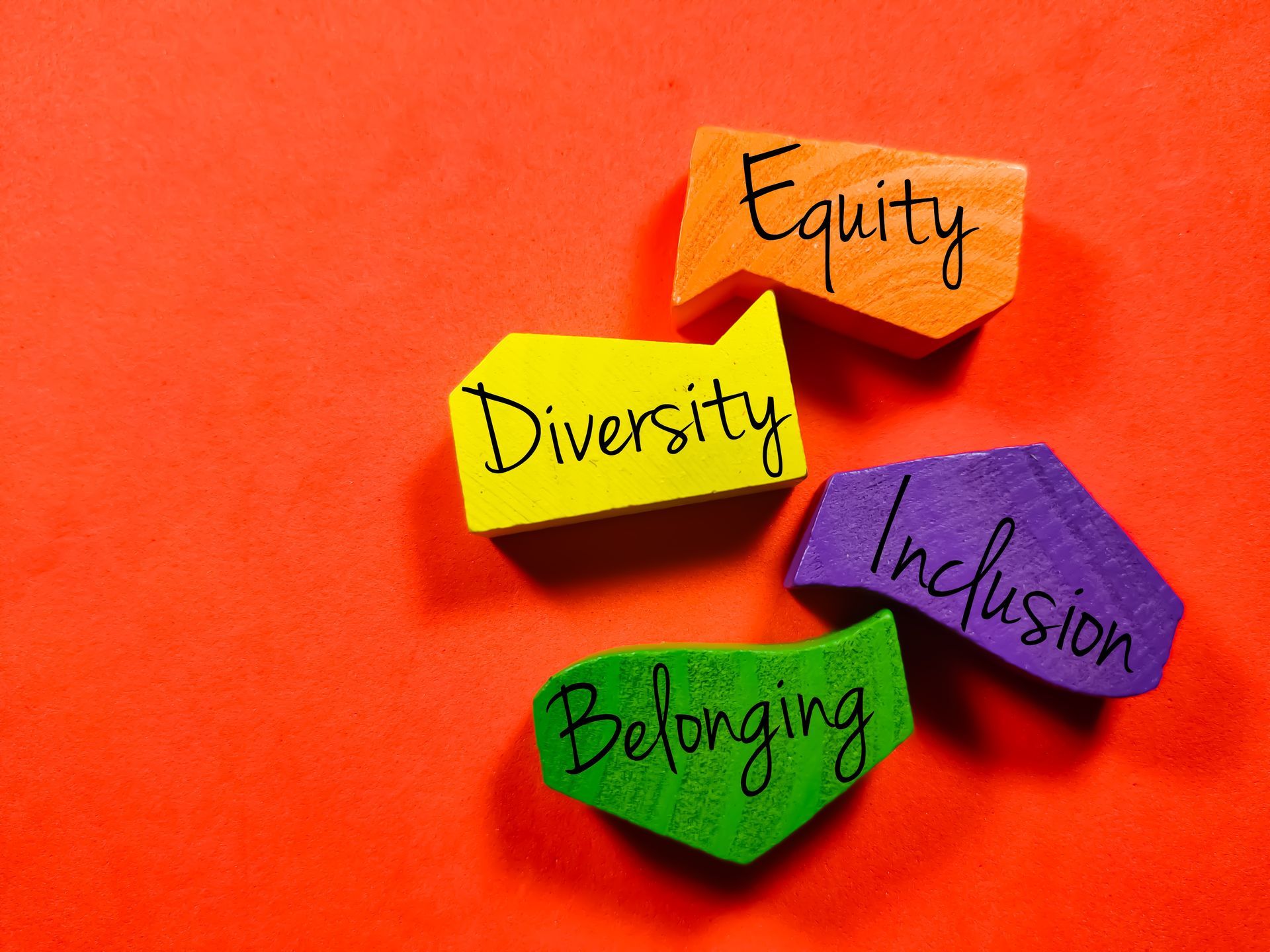 Colorful paper notes reading Equity, Diversity, Inclusion, and Belonging on an orange background
