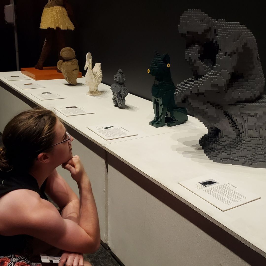 A person is looking at a display of lego sculptures