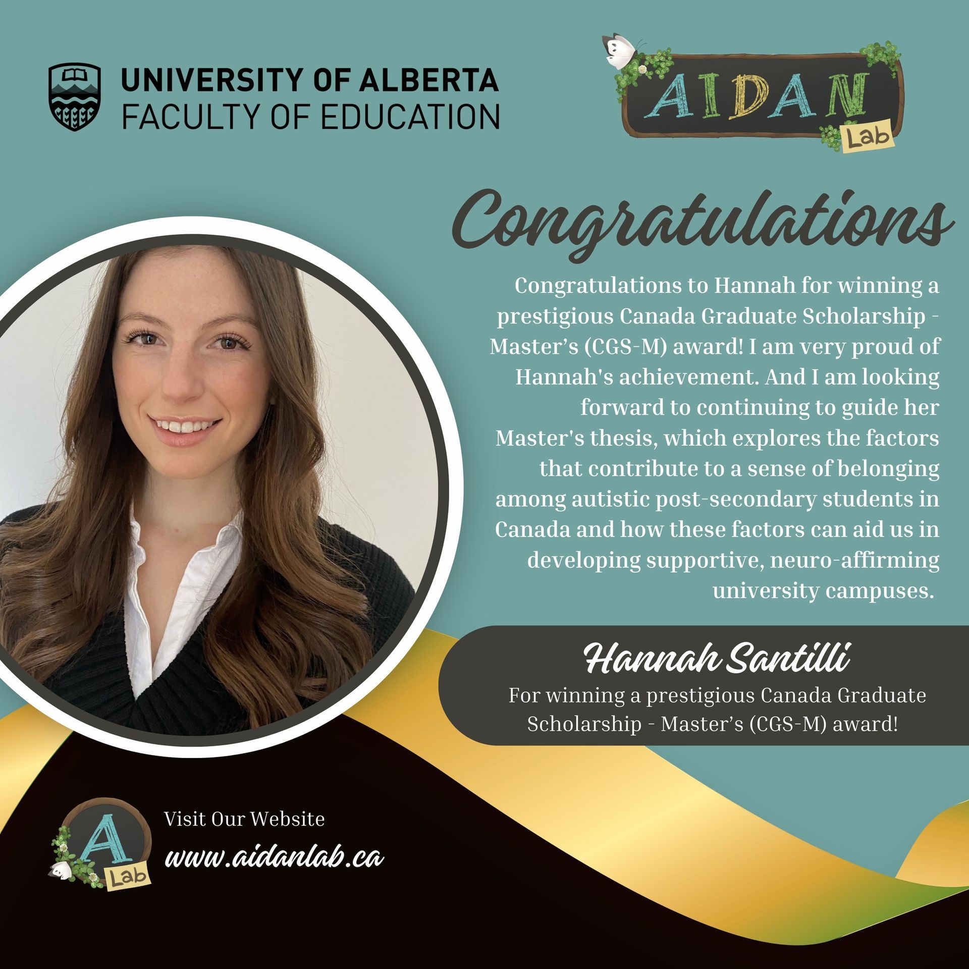 Congratulations to hannah santilli from the university of alberta faculty of education