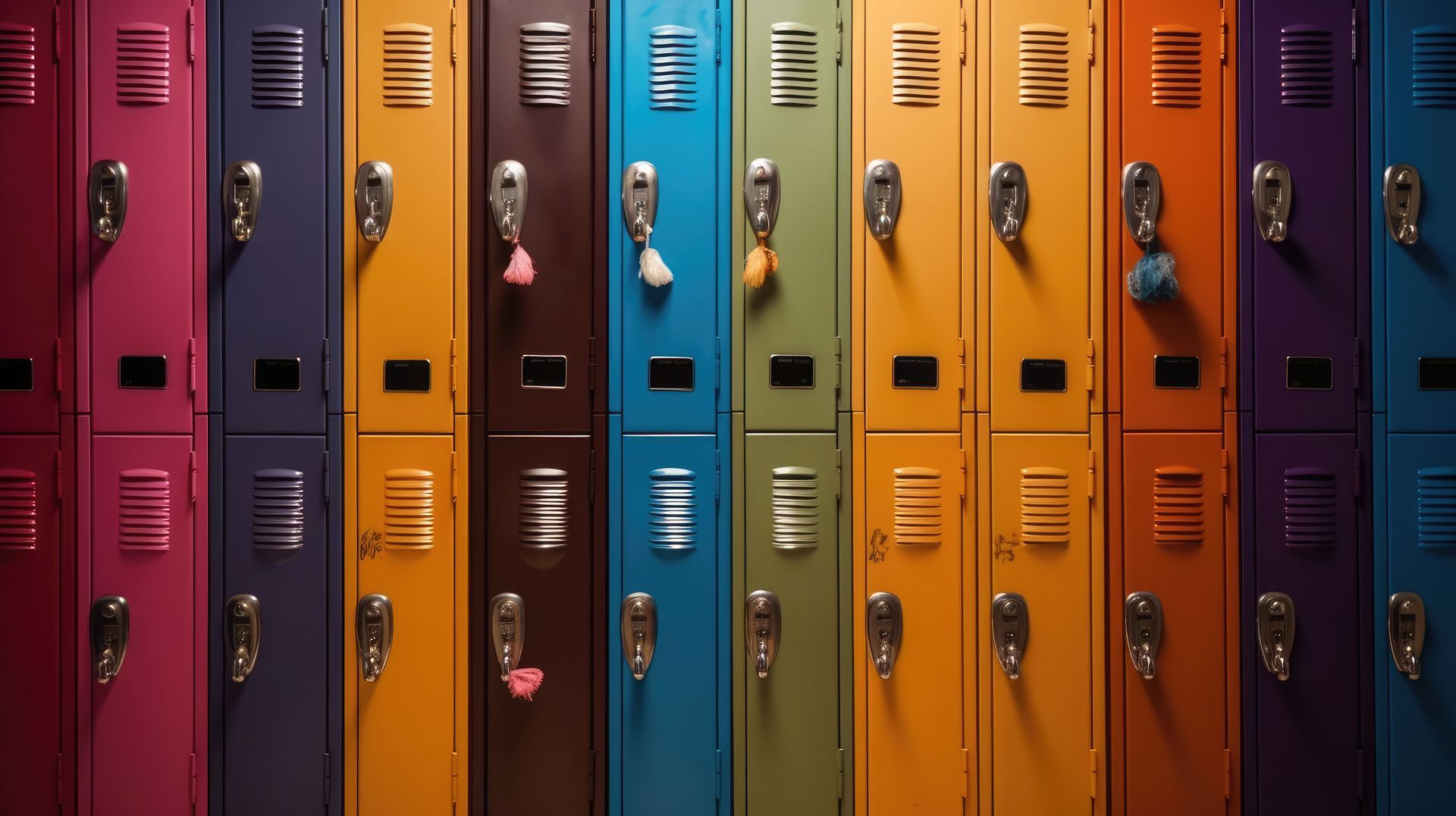 A row of colorful lockers are lined up in a row.