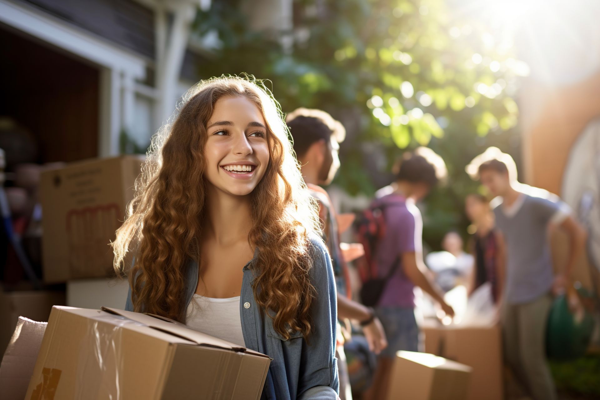 A young woman is holding a cardboard box in front of a group of people.