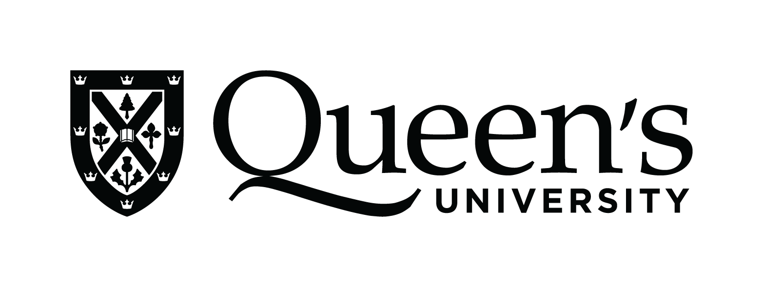 The queen 's university logo is black and white and has a shield on it.